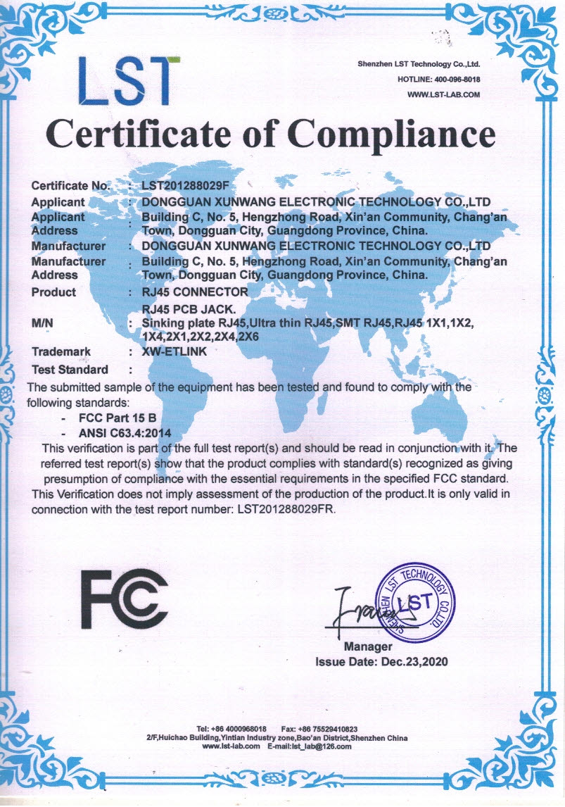 RJ45 FCC certificate